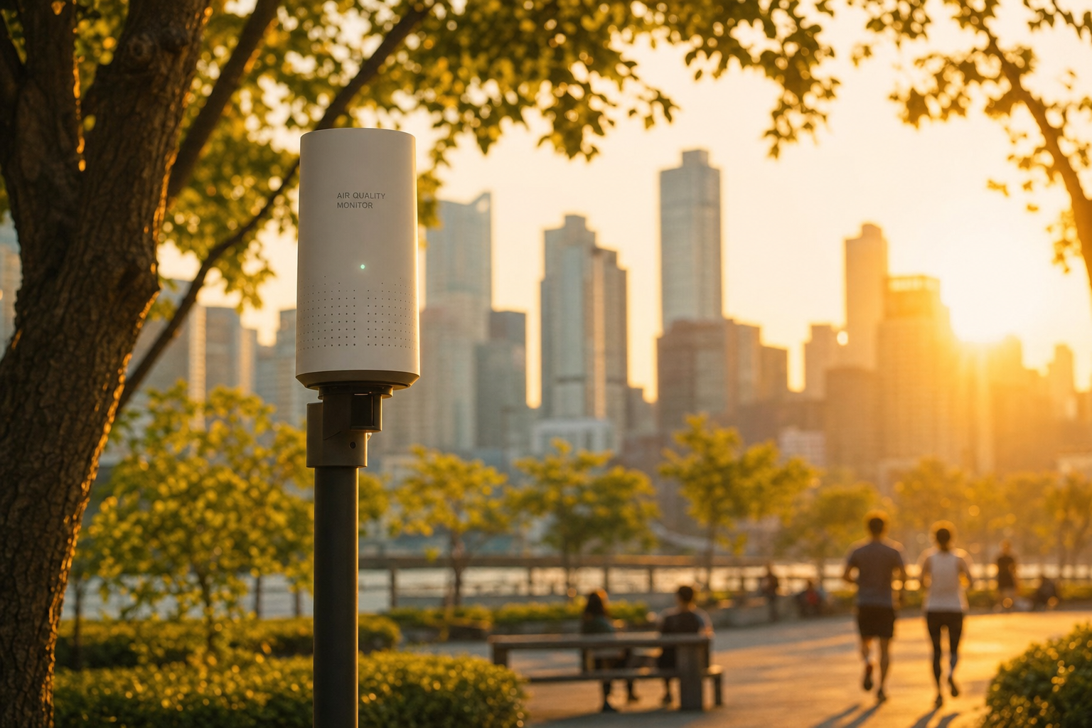 Air quality sensor on pole at golden hour with city background